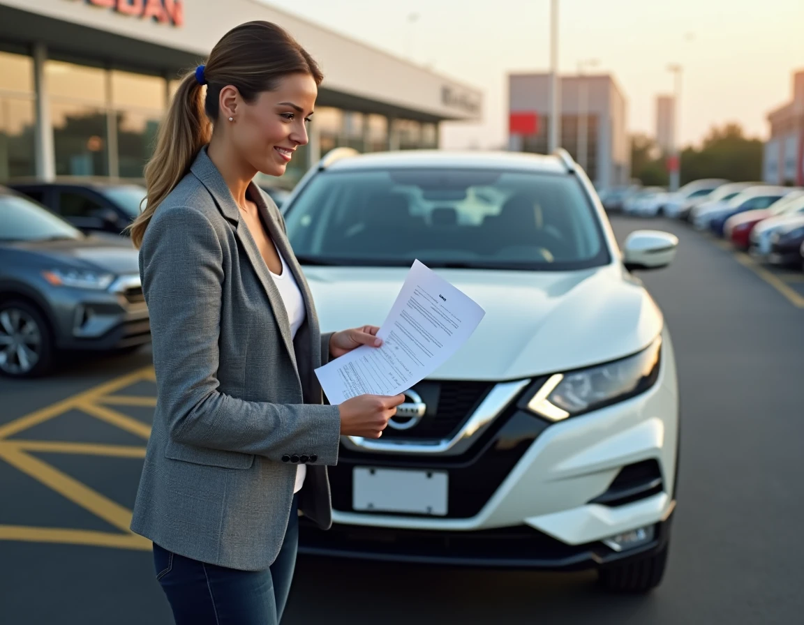 Femme examinant le carnet d'entretien d'un Nissan Qashqai d'occasion chez un concessionnaire