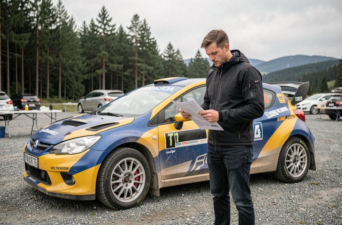 Acheteur potentiel examinant les documents techniques d'une voiture de rallye lors d'un service park