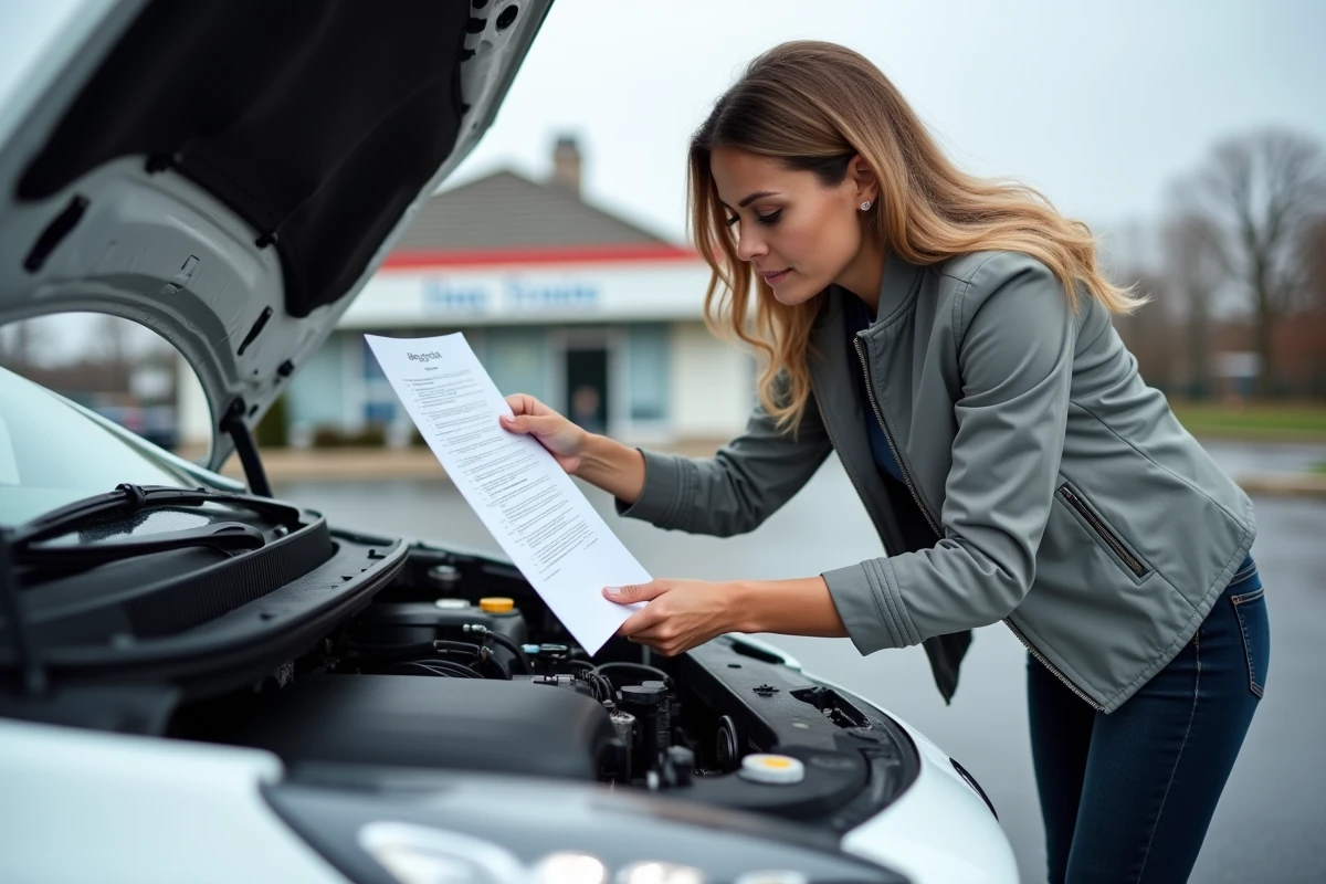 Acheteuse de voiture d'occasion consultant un rapport d'inspection détaillé tout en vérifiant le compartiment moteur d'un véhicule
