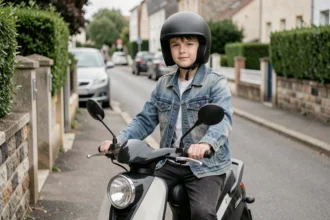 Adolescent casqué assis sur un scooter 50cc dans une rue résidentielle, illustrant l'assurance scooter pour mineur