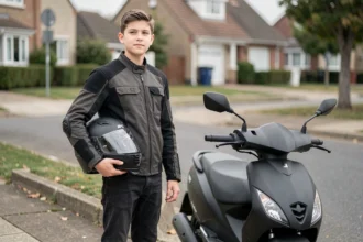 Jeune adolescent en veste moto avec casque sous le bras à côté d'un scooter 125cc noir dans une rue résidentielle