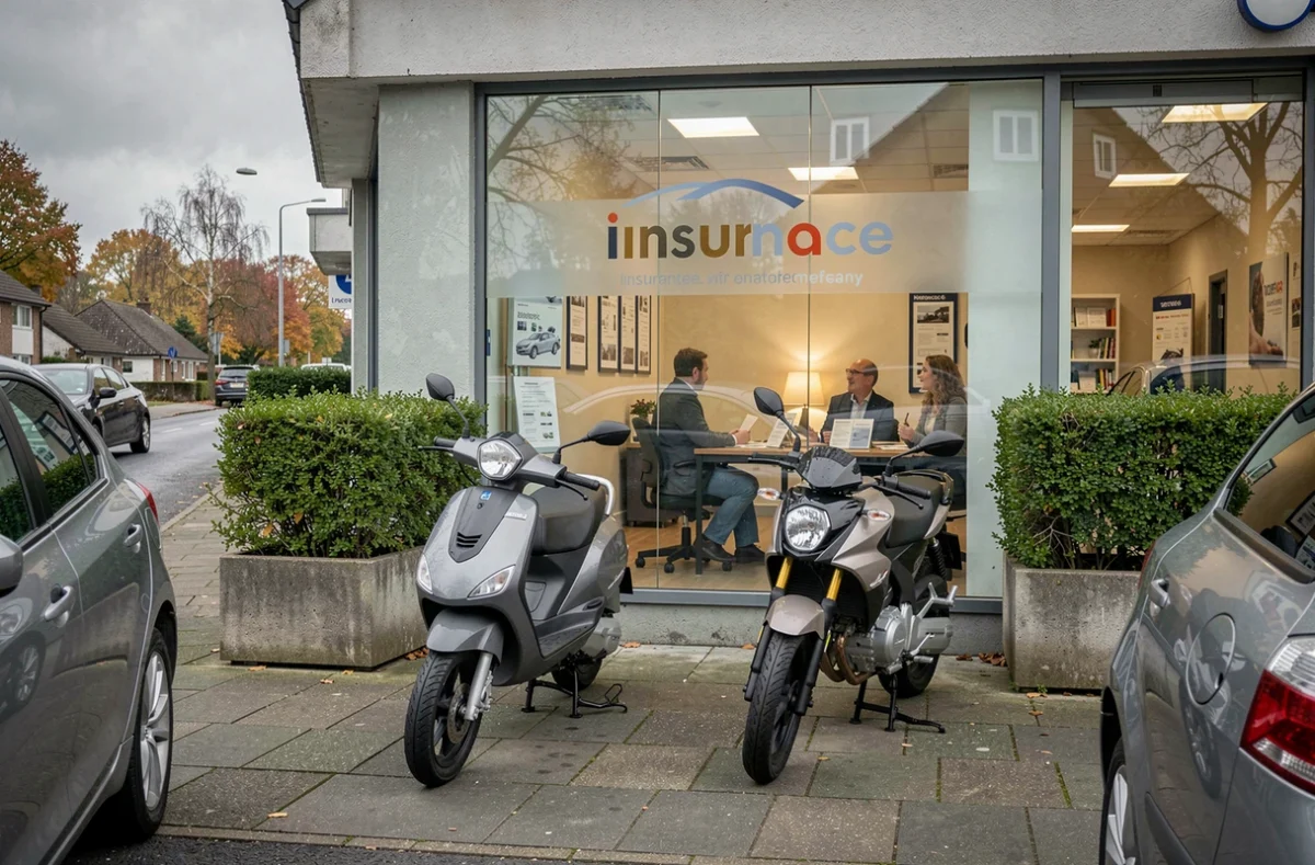 Deux motos 125cc garées devant une agence d'assurance avec des clients en consultation à l'intérieur