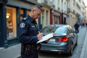 Agent de police rédigeant un procès-verbal de contravention de 5ème classe sur la voie publique en France