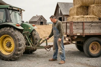 Agriculteur inspectant l'attelage entre un tracteur et une remorque à plateau chargée de bottes de foin dans une cour de ferme