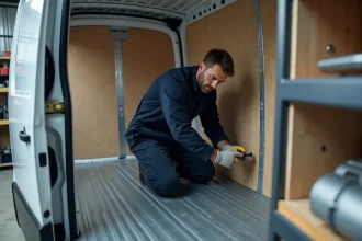 Professionnel en bleu de travail mesurant l'intérieur d'un Renault Master blanc dans un atelier d'aménagement de véhicules utilitaires
