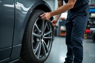 Technicien automobile appliquant un covering vinyle noir mat sur une jante en alliage dans un atelier professionnel