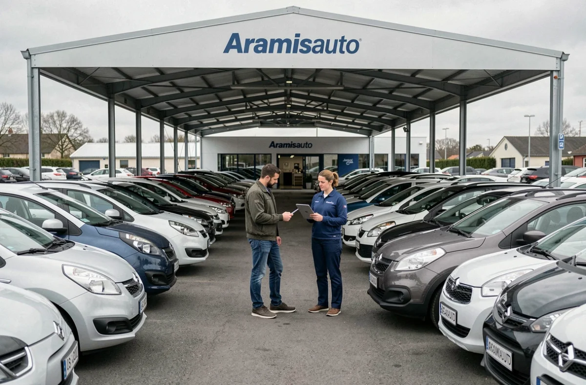 Lot de véhicules d'occasion Aramisauto Bordeaux avec rangées de voitures certifiées et conseiller accompagnant un client