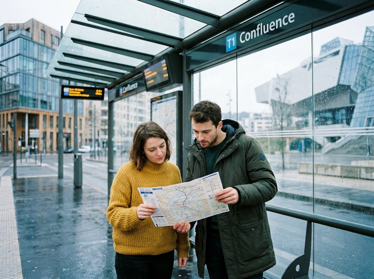 Deux personnes consultant un plan de tramway à l'arrêt du quartier Confluence à Lyon