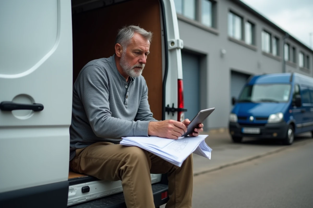 Artisan consultant des plans d'aménagement devant un Renault Master blanc garé dans une zone industrielle