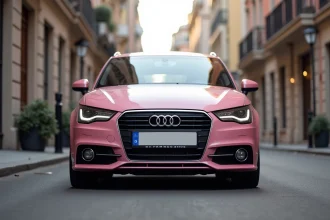 Audi A1 rose métallisée garée en milieu urbain, vue 3/4 avant sur une rue moderne