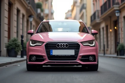 Audi A1 rose métallisée garée en milieu urbain, vue 3/4 avant sur une rue moderne