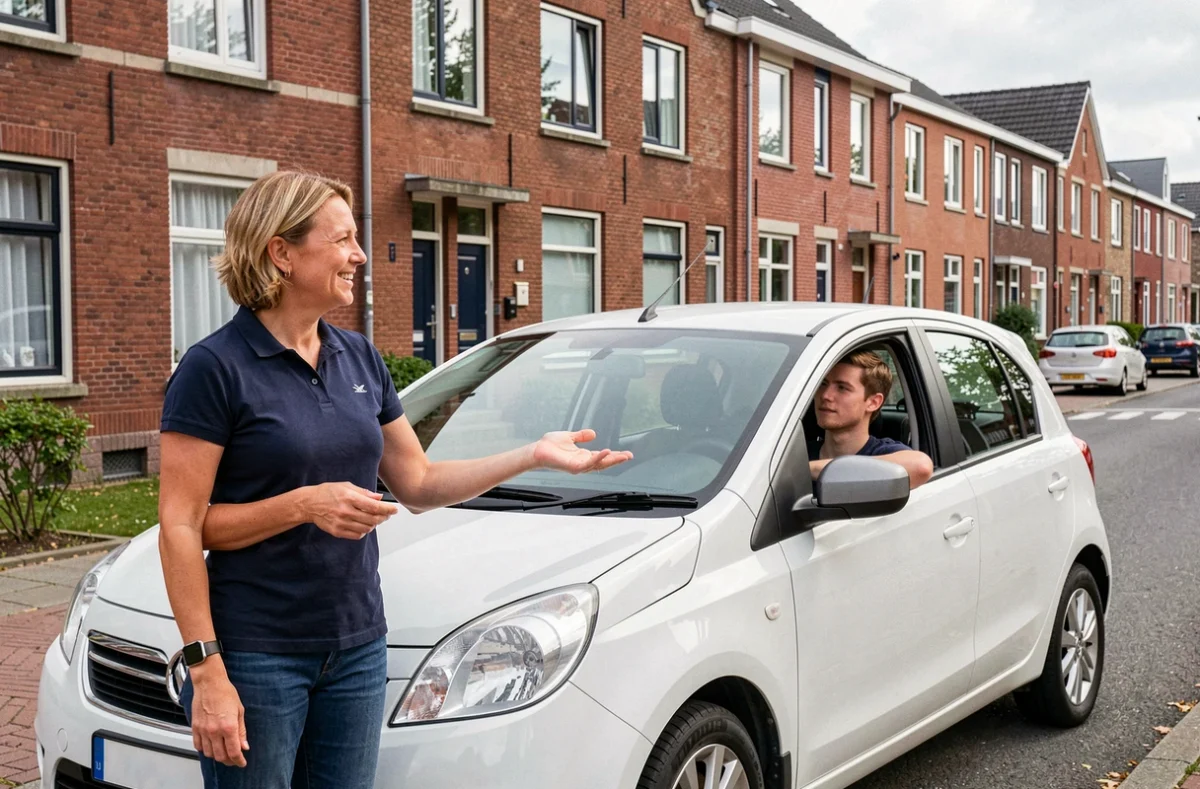 Monitrice de l'auto-école Alizé expliquant un parcours à son élève devant une voiture double-commande dans une rue de Lille