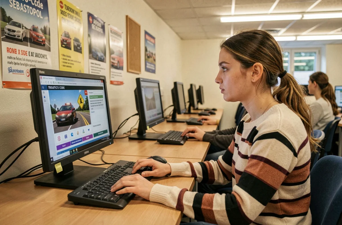 Élève de l'auto-école Sébastopol passant un test de code de la route sur ordinateur dans la salle d'examen