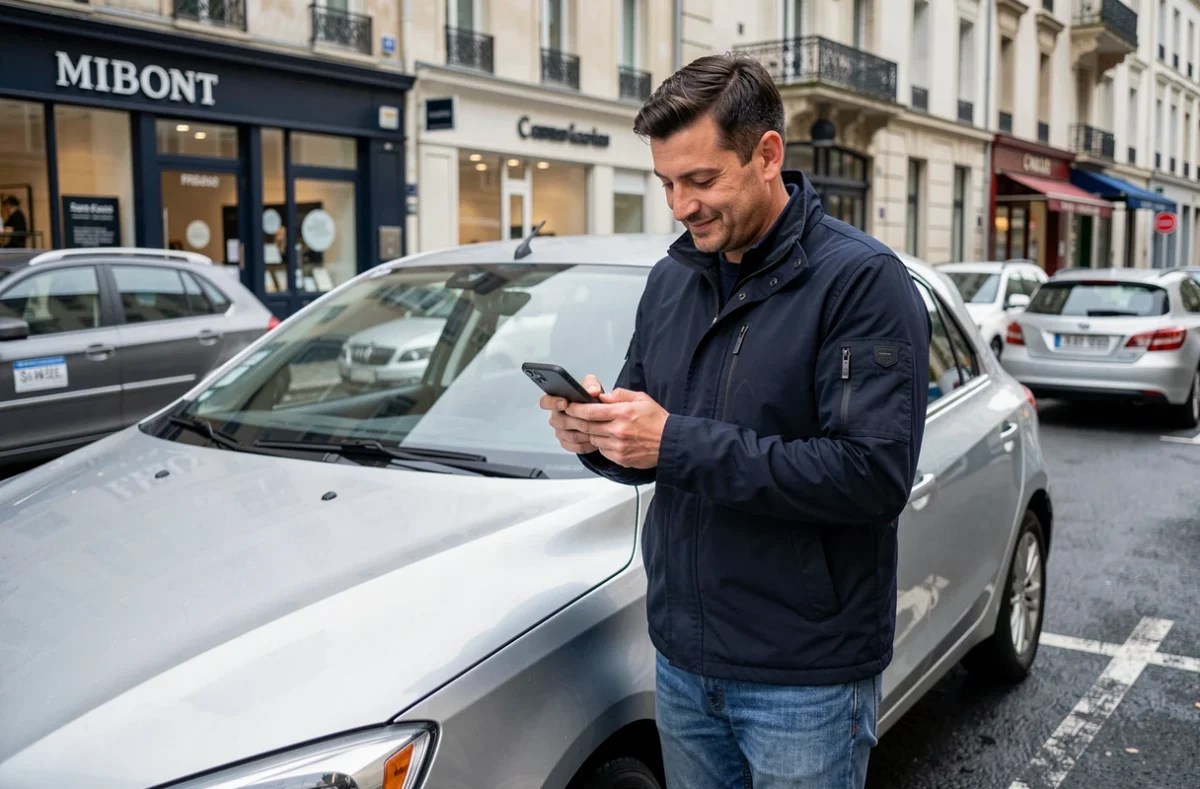 Homme consultant son smartphone pour un avis client sur son assurance auto à côté de sa voiture en ville