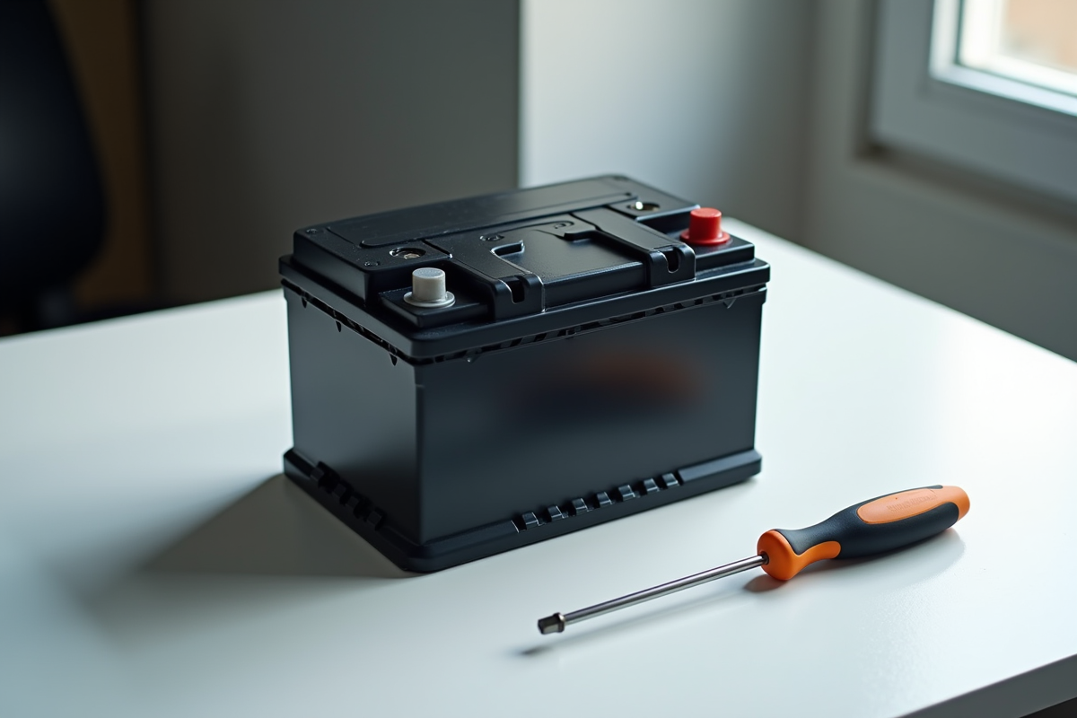 Batterie de voiture propre sur une table blanche