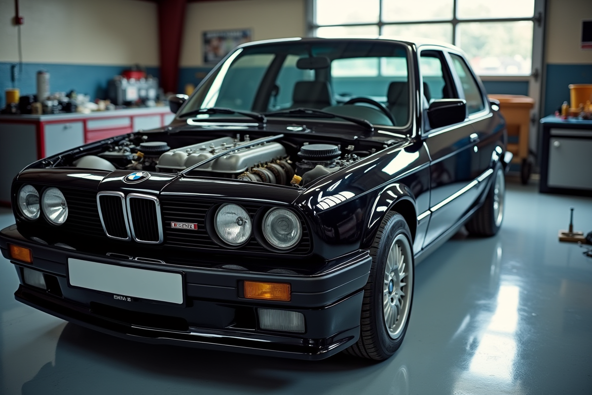 BMW E30 moteur ouvert dans un garage bien éclairé