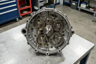 Boîte de vitesse automatique de voiture sans permis démontée sur établi de garage, révélant engrenages et synchroniseurs