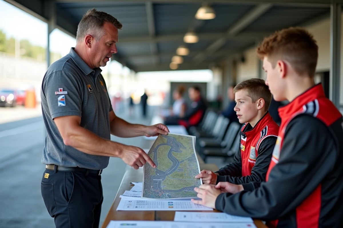 Moniteur expliquant le circuit à un adulte et un enfant lors d'un briefing de stage de pilotage