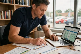 Ingénieur automobile calculant les chevaux fiscaux d'un véhicule sur un bureau avec des documents d'immatriculation