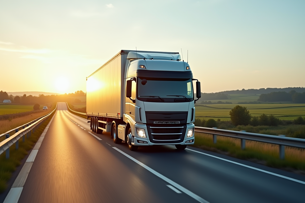 Camion de livraison traversant un pont rural en pleine nature