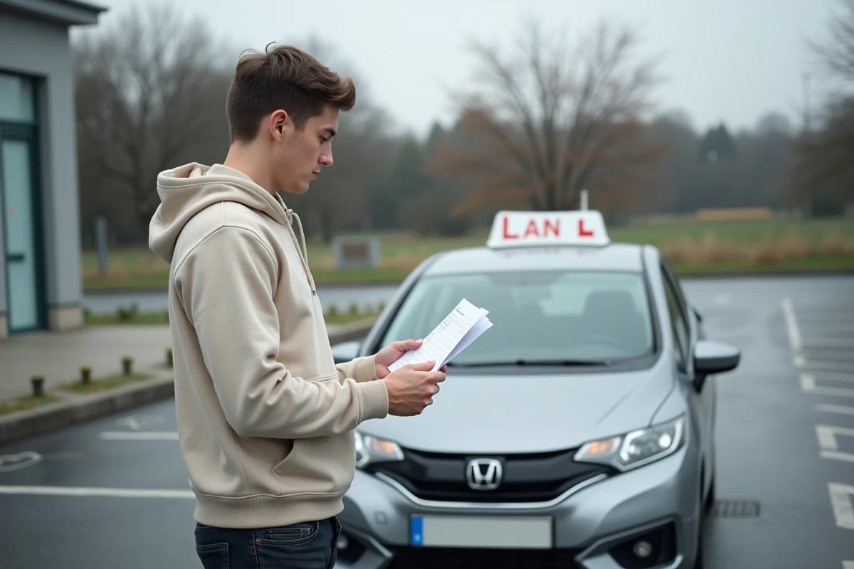 Candidat au permis de conduire lisant attentivement sa grille d'évaluation dans un centre d'examen