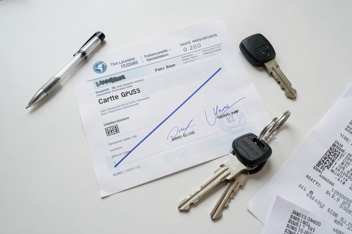 Vue de dessus d'une carte grise barrée posée sur un bureau avec des clés de voiture et un stylo