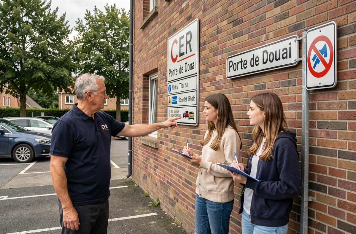 Moniteur du CER Porte de Douai expliquant la signalisation routière à deux élèves dans le parking de l'auto-école
