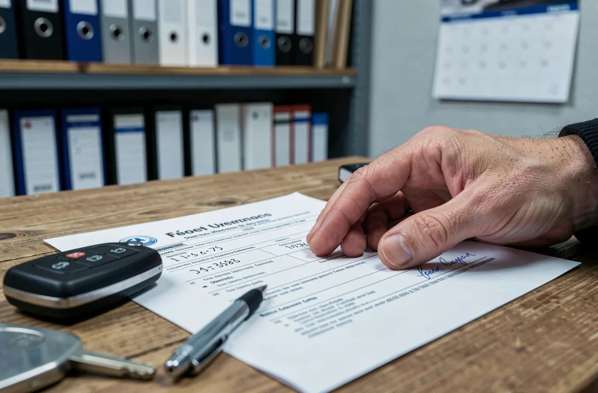 Gros plan sur un certificat d'immatriculation de véhicule posé sur un bureau de garage avec des clés de voiture