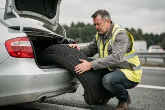 Homme changeant un pneu crevé sur le bas-côté d'une autoroute française avec un gilet de sécurité