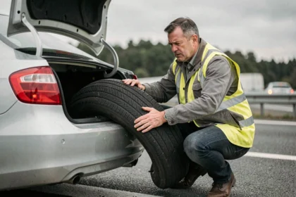 Homme changeant un pneu crevé sur le bas-côté d'une autoroute française avec un gilet de sécurité