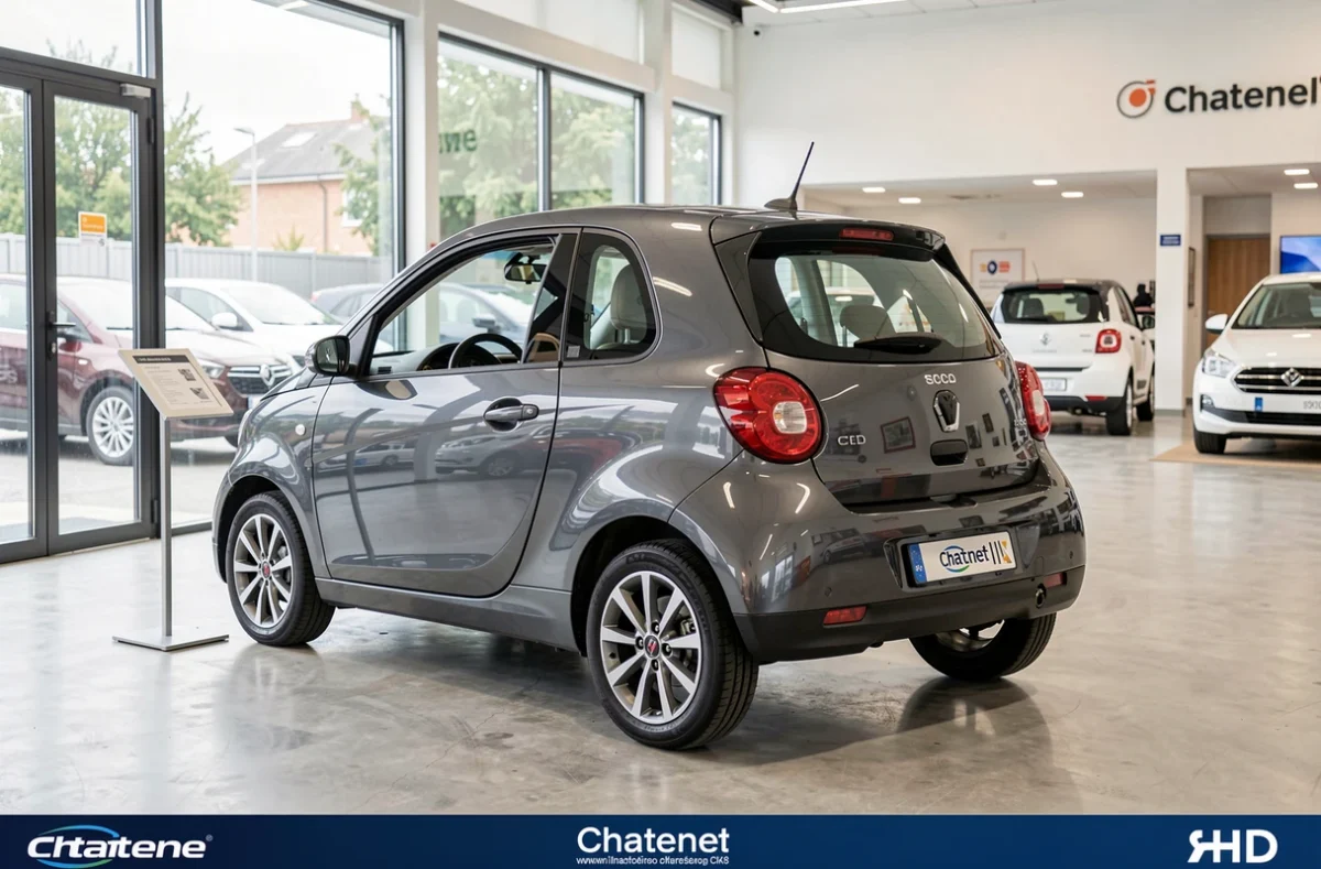 Chatenet CH26 sans permis grise exposée dans une concession automobile française avec étiquette de prix