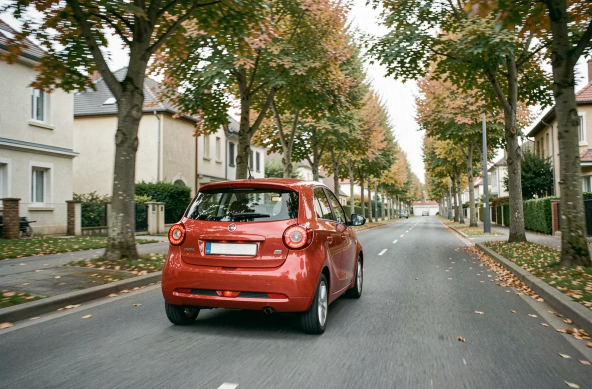 Voiture sans permis Chatenet rouge en circulation sur une route de banlieue française