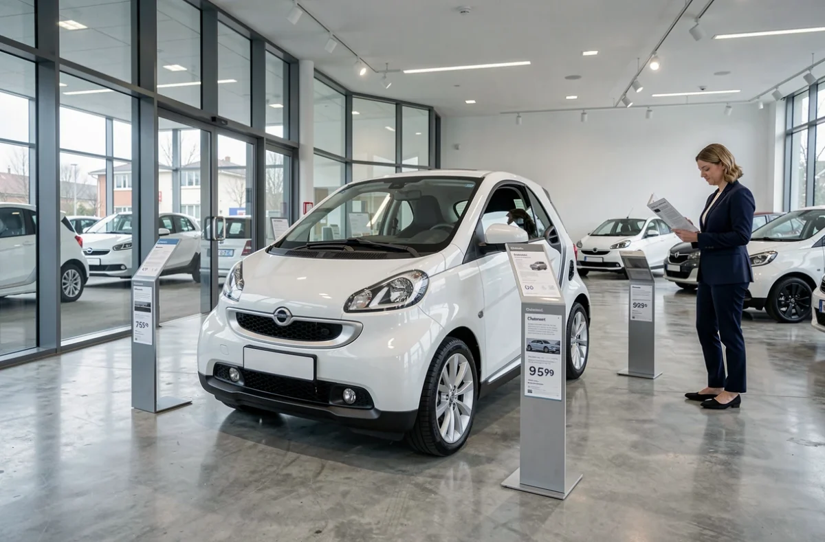 Chatenet voiture sans permis exposée dans un showroom de concessionnaire avec affichage prix