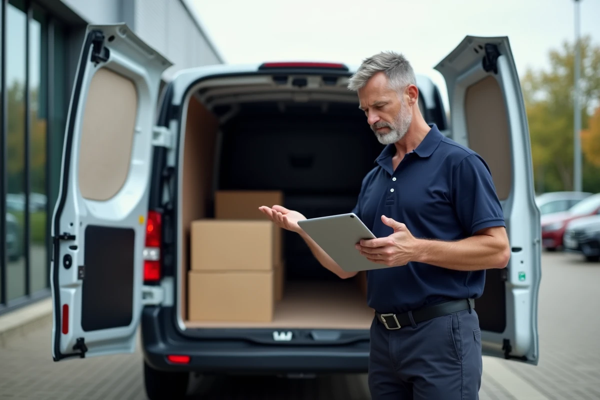 Chauffeur-livreur professionnel comparant les dimensions intérieures du Peugeot Expert à l'aide d'une tablette dans une zone commerciale