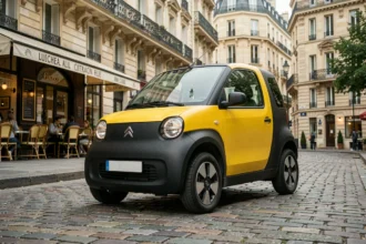 Citroën Ami électrique garée dans une rue parisienne pavée avec des bâtiments haussmanniens en arrière-plan