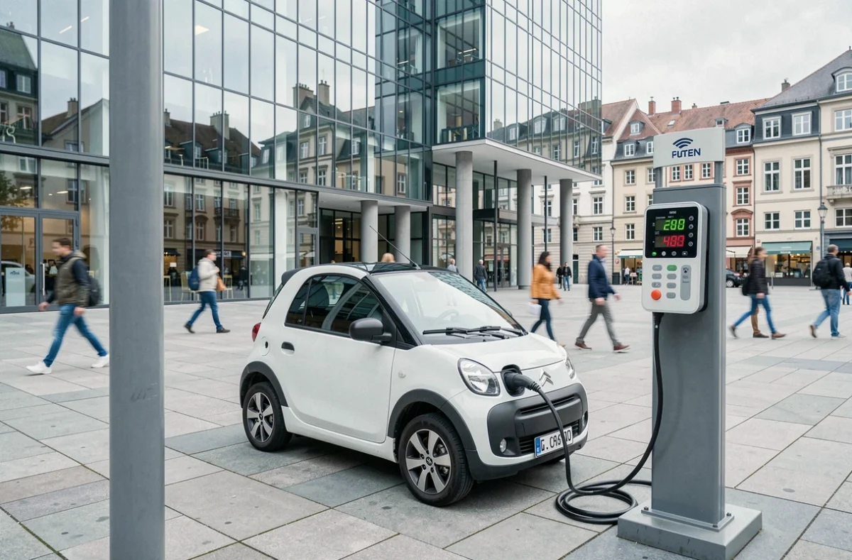 Citroën Ami branchée à une borne de recharge publique en centre-ville avec affichage tarifaire