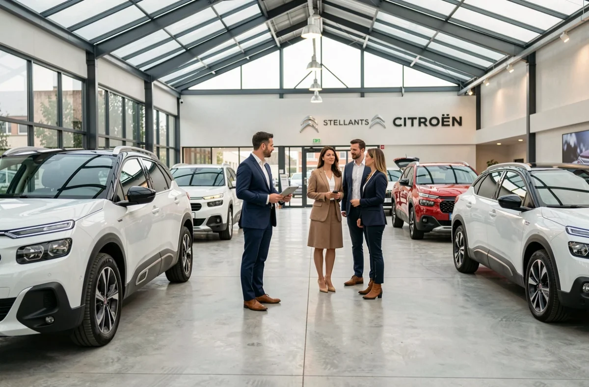 Intérieur du showroom Citroën Stellantis & You Le Bouscat II avec véhicules exposés et conseiller commercial accueillant des clients