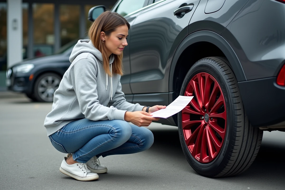 Cliente comparant les prix d'un covering jantes et d'une peinture époxy devant un SUV dans un centre automobile