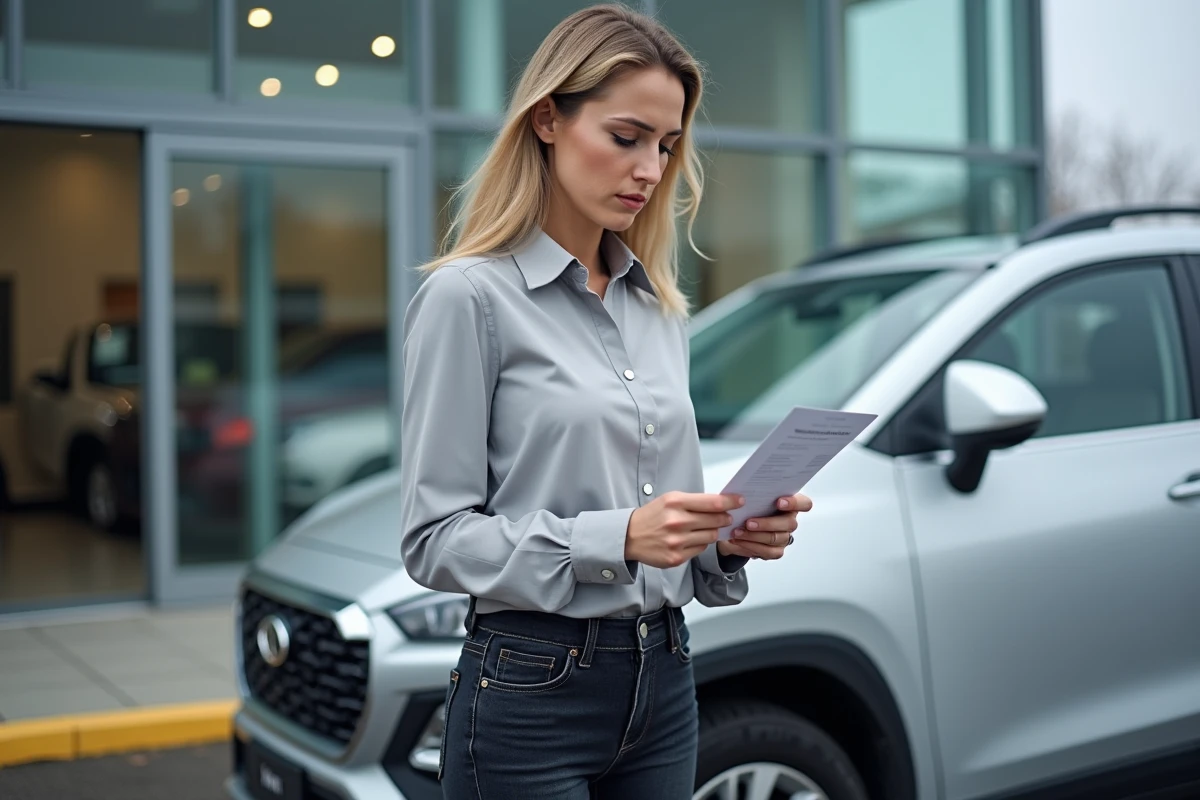Femme cliente lisant un rapport d'inspection moteur TCe devant un SUV compact dans un parking de concession automobile