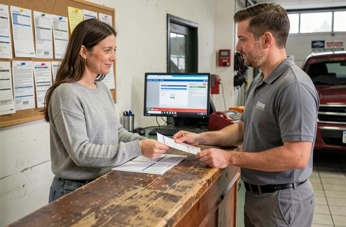 Femme remettant ses documents de carte grise à un employé de garage automobile professionnel