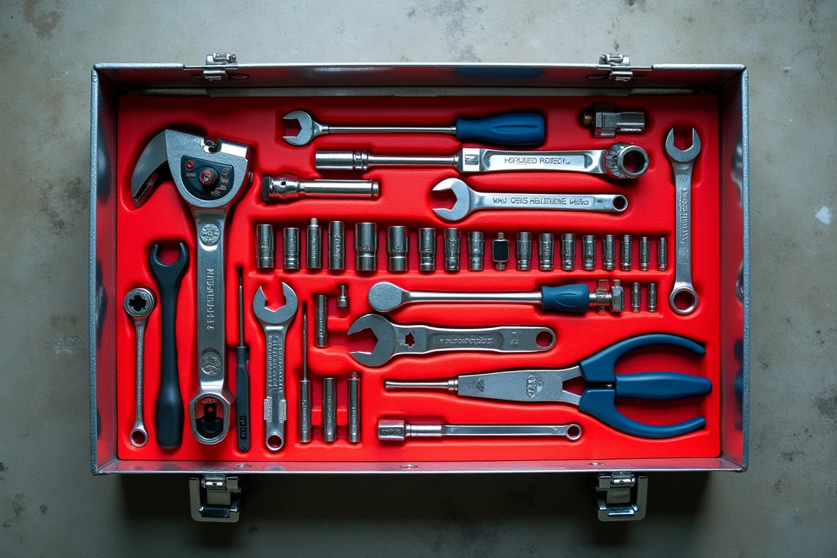 Coffret d'outils mécanicien complet pour débutant, organisé dans une boîte à outils rouge vue de dessus