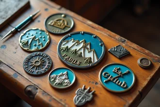 Collection de plaques émaillées et écussons alpins vintage posés sur une table en chêne, détail macro pour collectionneurs