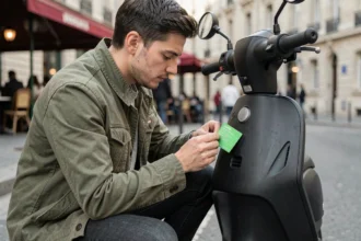Jeune homme collant une vignette d'assurance sur un scooter urbain noir dans une rue parisienne