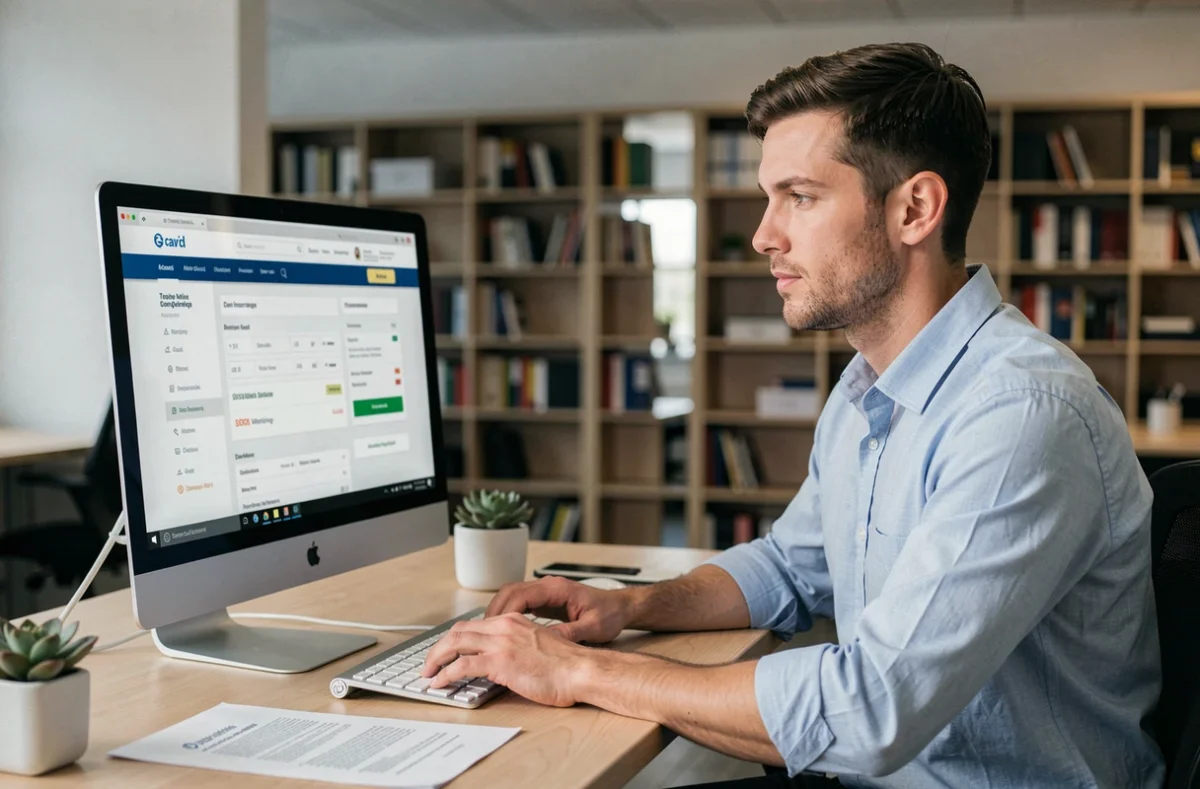 Jeune homme comparant des devis assurance auto sans inscription sur un ordinateur de bureau dans un espace de travail moderne