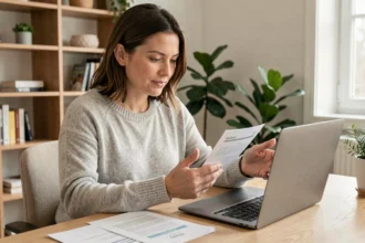 Femme comparant des offres d'assurance auto sur un ordinateur portable dans un bureau à domicile