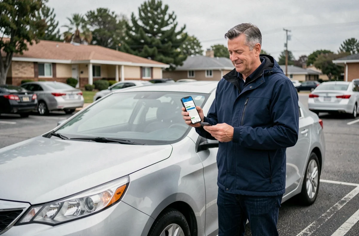Homme consultant un comparateur d'assurance auto sur smartphone devant sa voiture