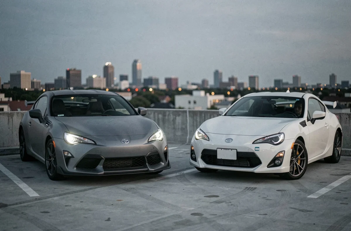 Comparatif Toyota 86 2026 et GR86 côte à côte sur un toit de parking urbain au crépuscule