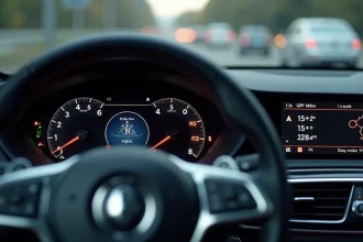 Tableau de bord de voiture avec compteur de vitesse affichant miles par heure et kilomètres par heure avec GPS intégré