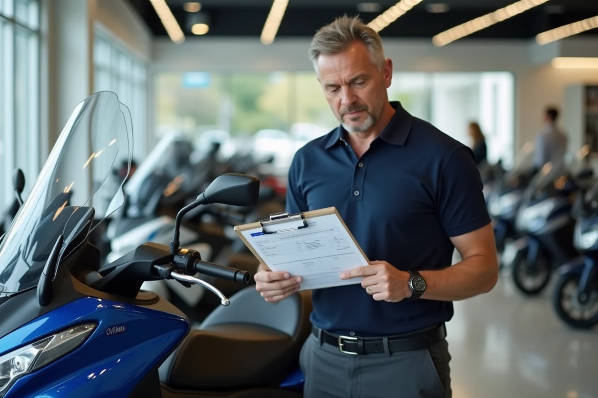 Concessionnaire évaluant le prix d'un TMAX 750 avec un document d'estimation dans un showroom moto moderne
