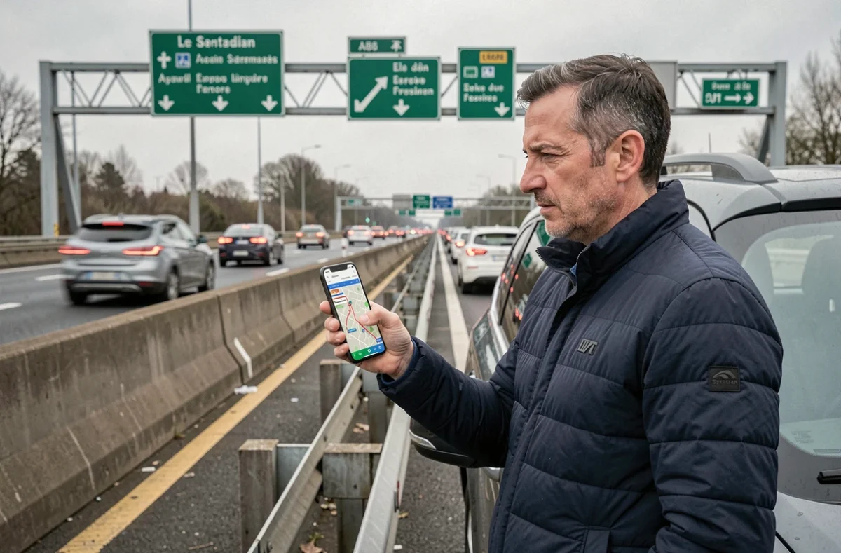 Conducteur consultant les alertes trafic Sytadin sur smartphone au bord du périphérique parisien
